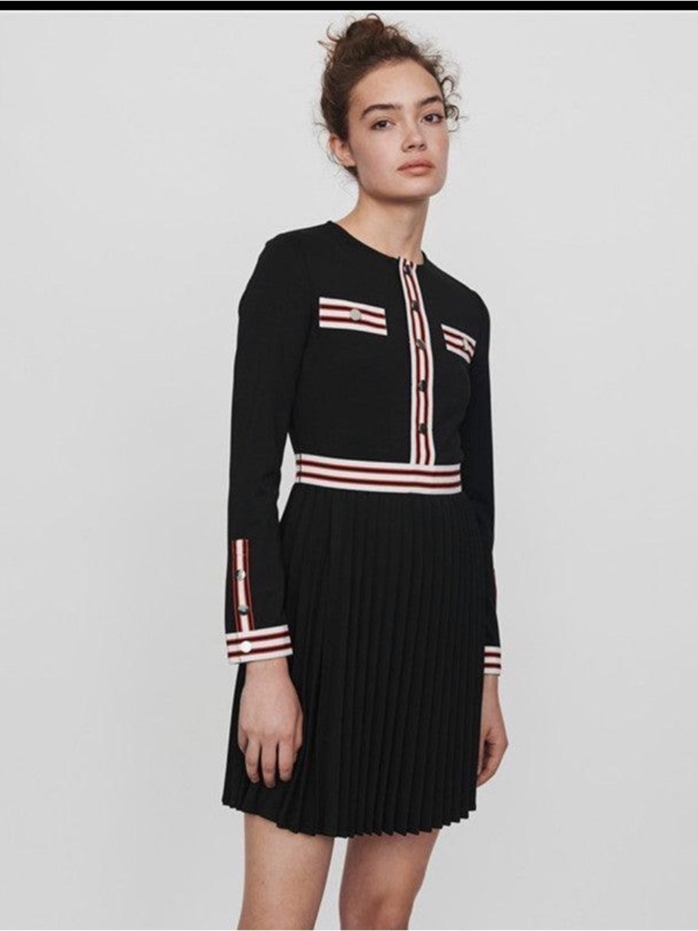 Maje Black Pleated Mini Dress Red & White Contrast Trim – Size 1